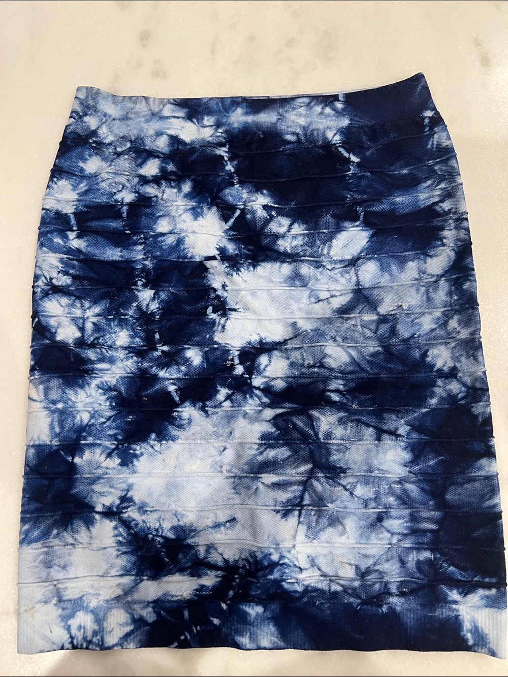 bebe Navy and White Tie-Dye Bandage Mini Skirt